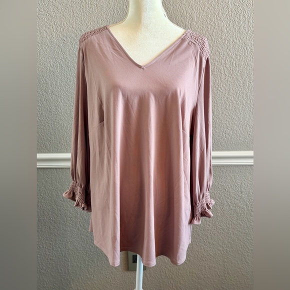 Adrianna Papell Tops - Adrianna Papell Smocked Petal Pink Top Size 2X 3/4 Ruffled Sleeve Peasant